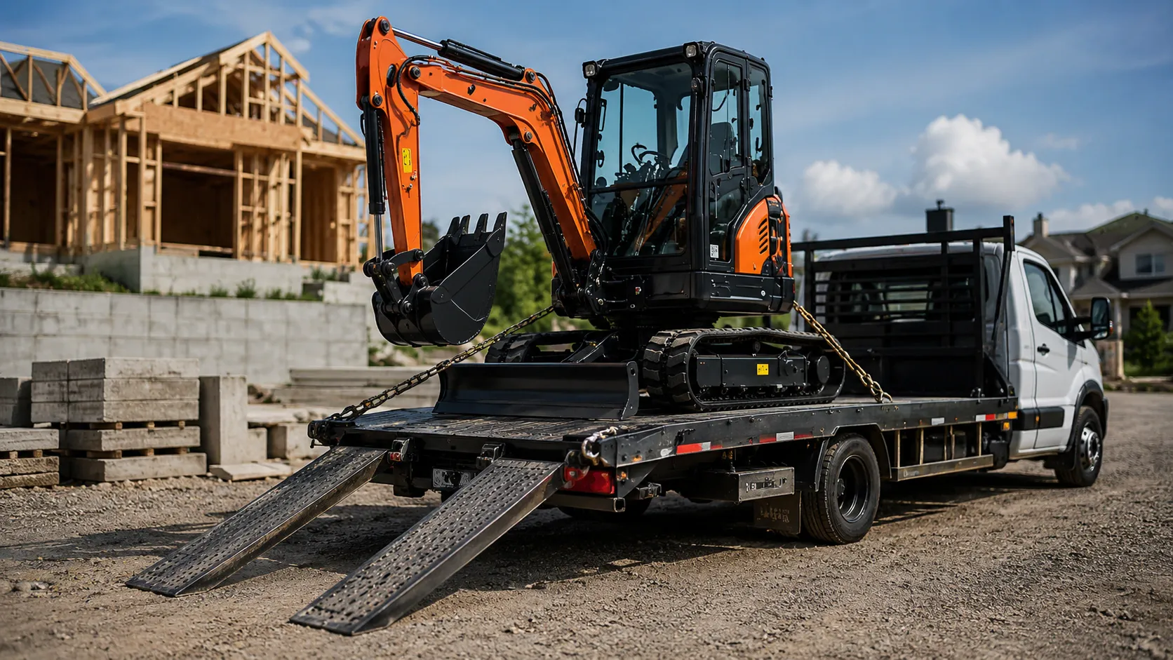 CASDE mini excavator prepared for transport on a truck